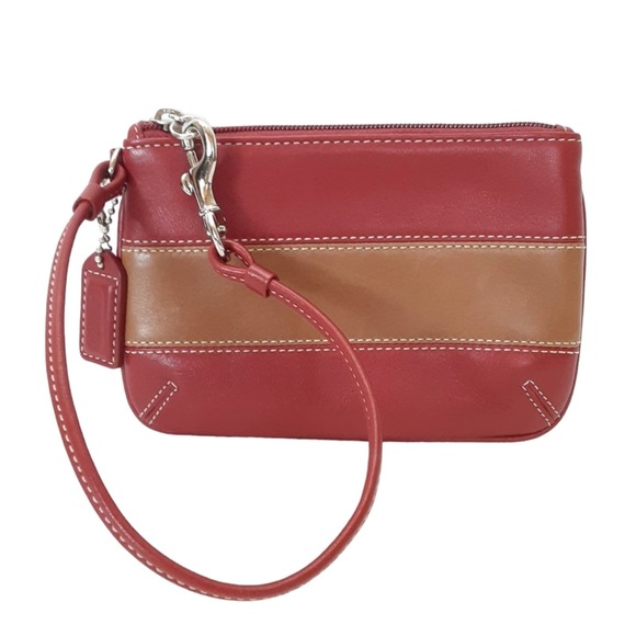 Coach Handbags - Coach Rugby Stripe Genuine Leather Wristlet Cranberry Red Saddle Tan Micro Bag